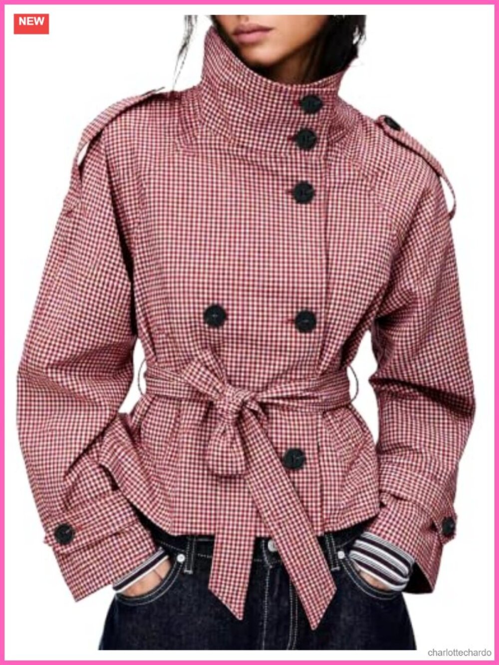 Gingham Plaid Trench Coat Double Breasted Short Jacket Belted